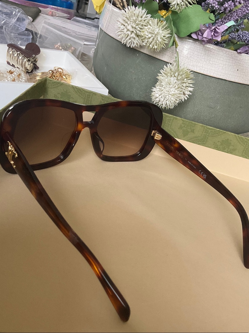 Celine Tortoiseshell Square Sunglasses with Gold Logo - Picture 5 of 9